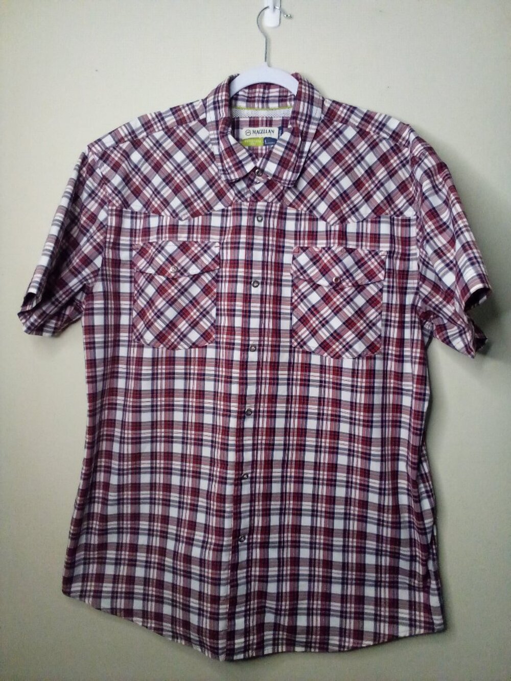 Magellan Shirt Men L Snap Up Short Sleeve Mag Wick Outdoor Active Plaid Red